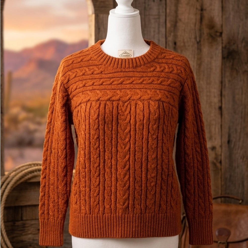 Cable-Knit Crew Sweater in Burnt Orange